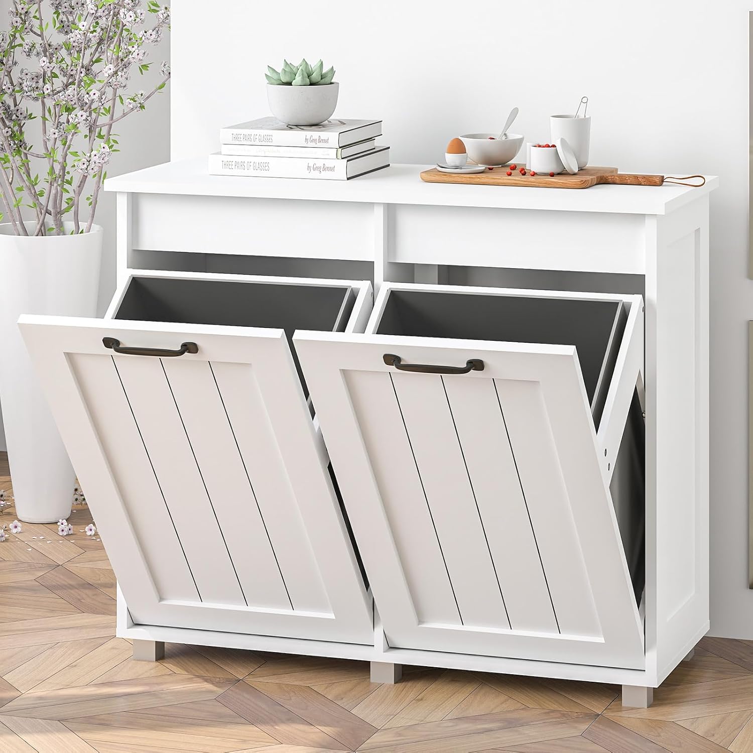 Rovibek Double White Tilt Out Trash Can Cabinet 20 Gallon - Multifunctional Double Trash Can Kitchen Cabinet, Wooden Garbage Can Cabinet for Kitchen, Bathroom and Living Room