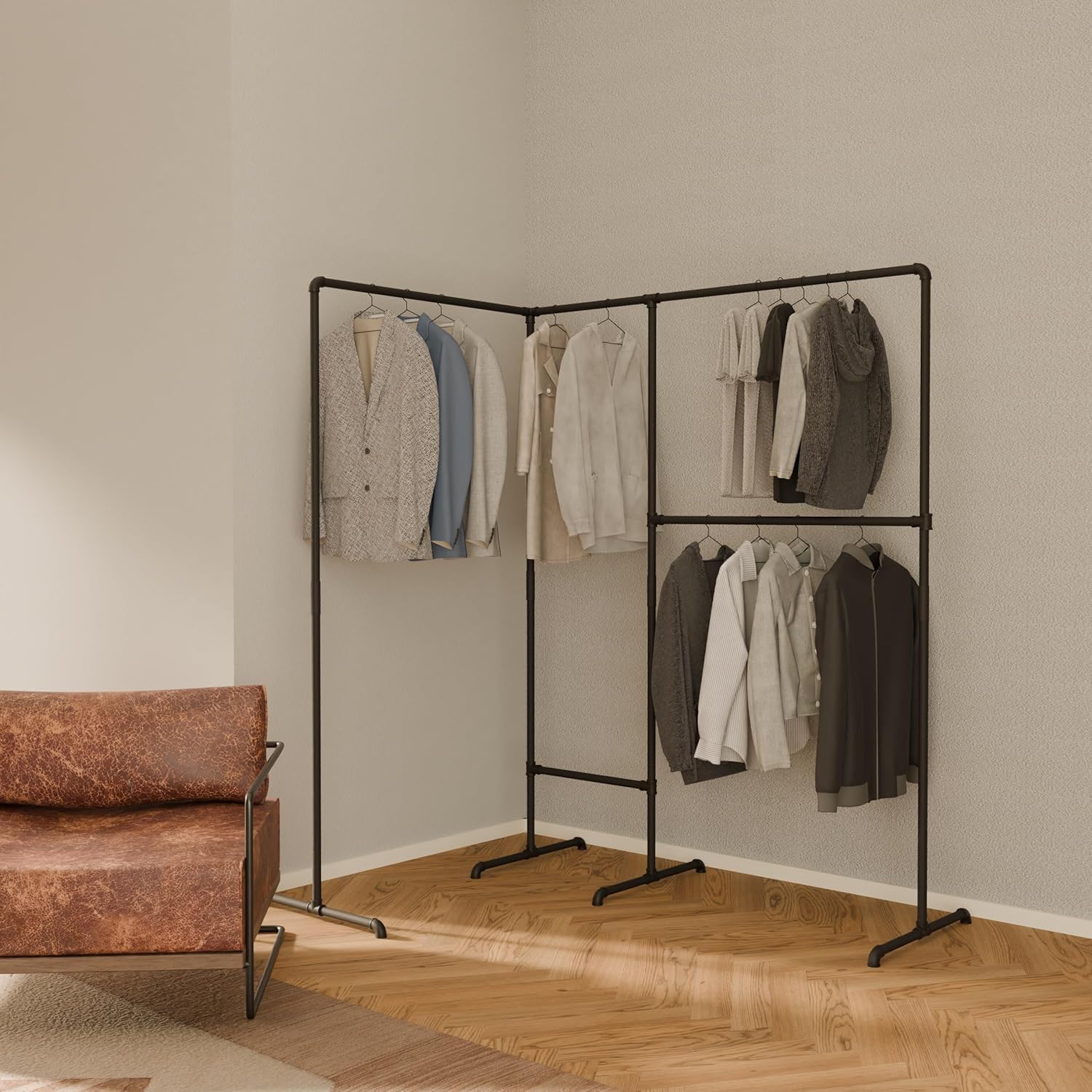 pamo Industrial Design garment rack - LAS I Black - freestanding Coat Rack for Walk-In Wardrobe Wall I Clothes Rack Made of Black Sturdy Pipes freestanding from Water Pipe