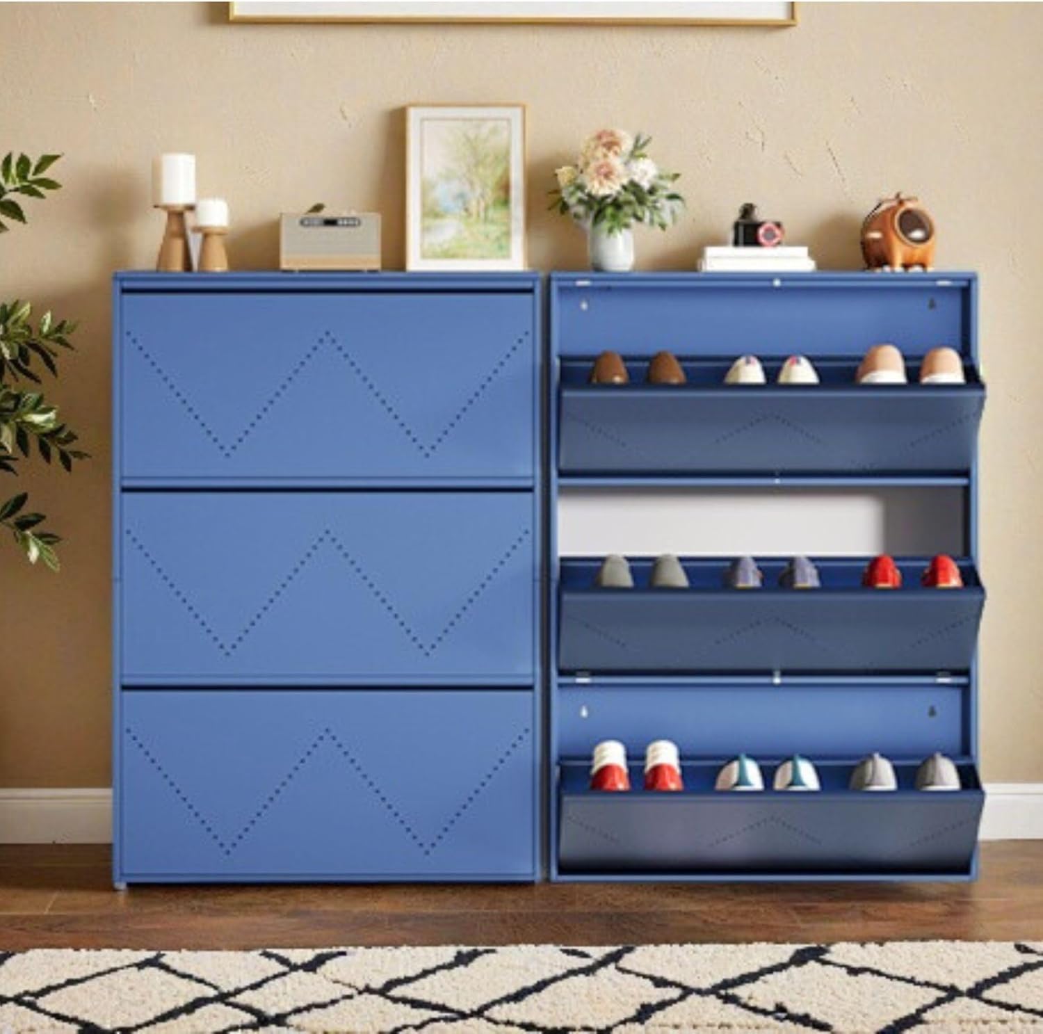 DWVO Metal Shoe Cabinet Set of 2, Wall Mounted Shoe Cabinet with 3 Flip Drawers, Entrance Hidden Slim Shoe Organizer Cabinet, Shoe Rack Storage Cabinet for Entryways, Hallways, Blue