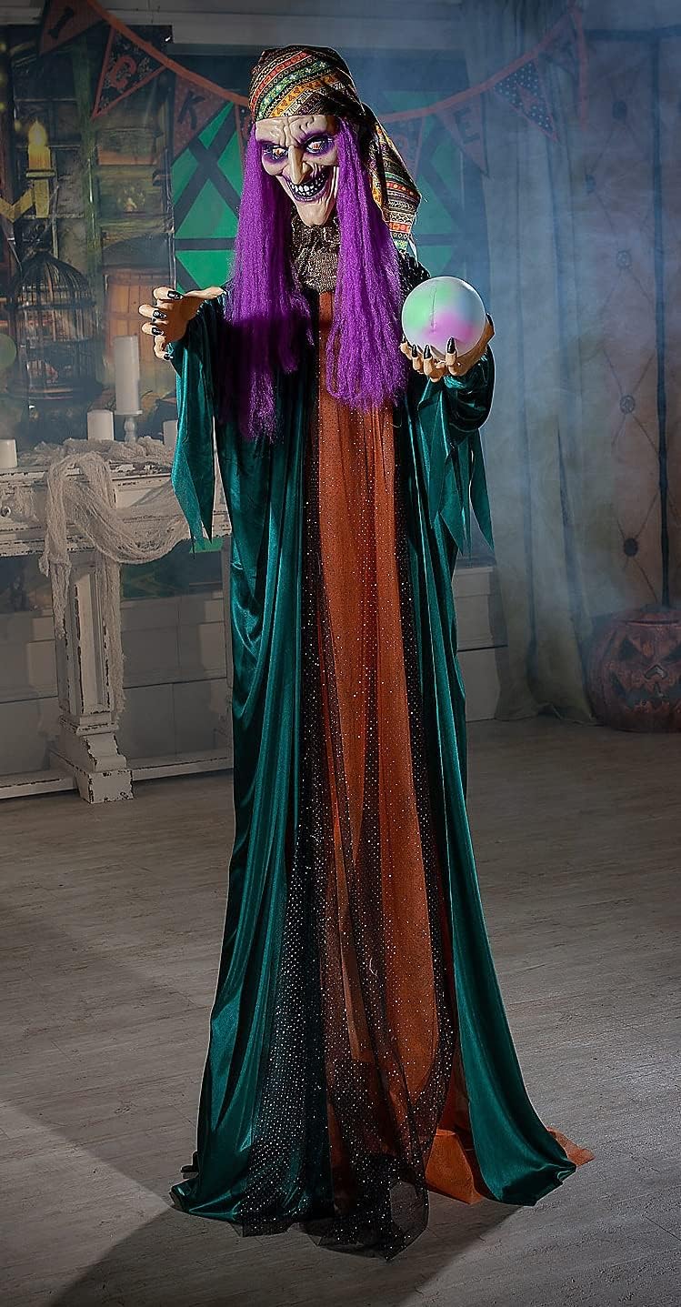 6-ft Animated Talking Fortune Teller Witch Standing Gypsy Figure Light-Up Eyes, Movement, Sound Halloween Decor