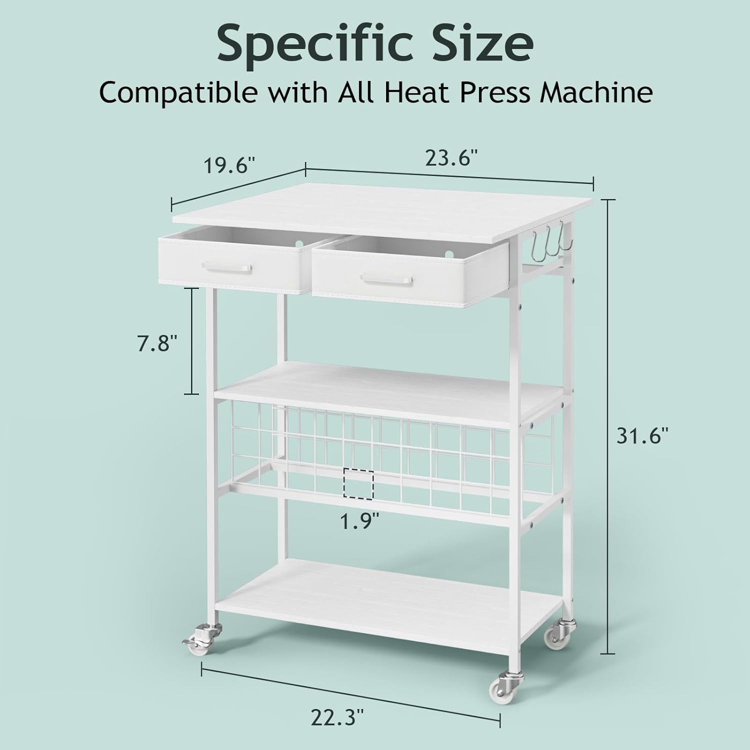 Movable Heat Press Table - Heat Transfer Machine Stand Compatible for Cricut, Vinyl Roll Holder, Rolling Metal Wood Sublimation Printer Organizer for T Shirt Maker Craft, 23.6''×19.6''