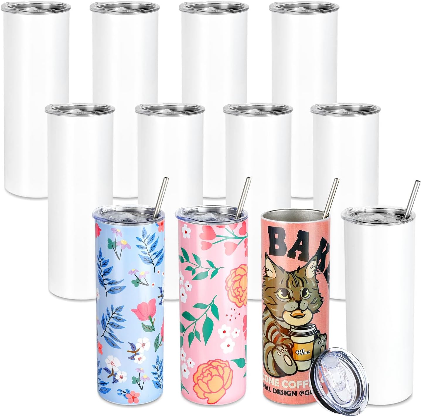 HTVRONT Sublimation Tumblers 12 PCS - 20 OZ Sublimation Tumbler Blanks with Sublimation Paper/Shrink Wrap Films/Heat Tape/Straws/Straw Brush - Sublimation Blanks Products for Gift/DIY Craft