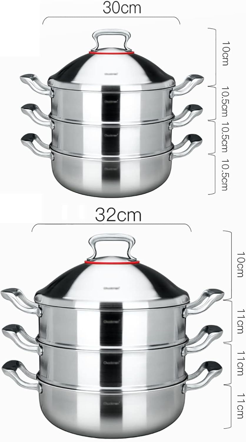 Steamer Cooker/Stock Pot/Frying pan/Wok/Food Grade 304 Stainless Steel,3-Layer Composite Pot Bottom,Steamed Buns,Chicken Soup，30cm