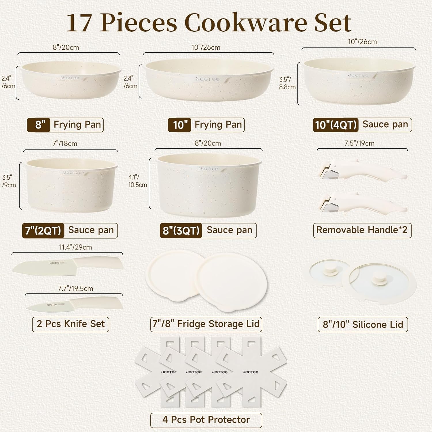 JEETEE Pots and Pans Set Non Stick 17pcs, Kitchen Cookware Sets with Detachable Handle, Induction Nonstick Cookware Set with Removable Handle, Stackable RV Cookware, Oven Safe, PFAS/PFOA Free, Beige