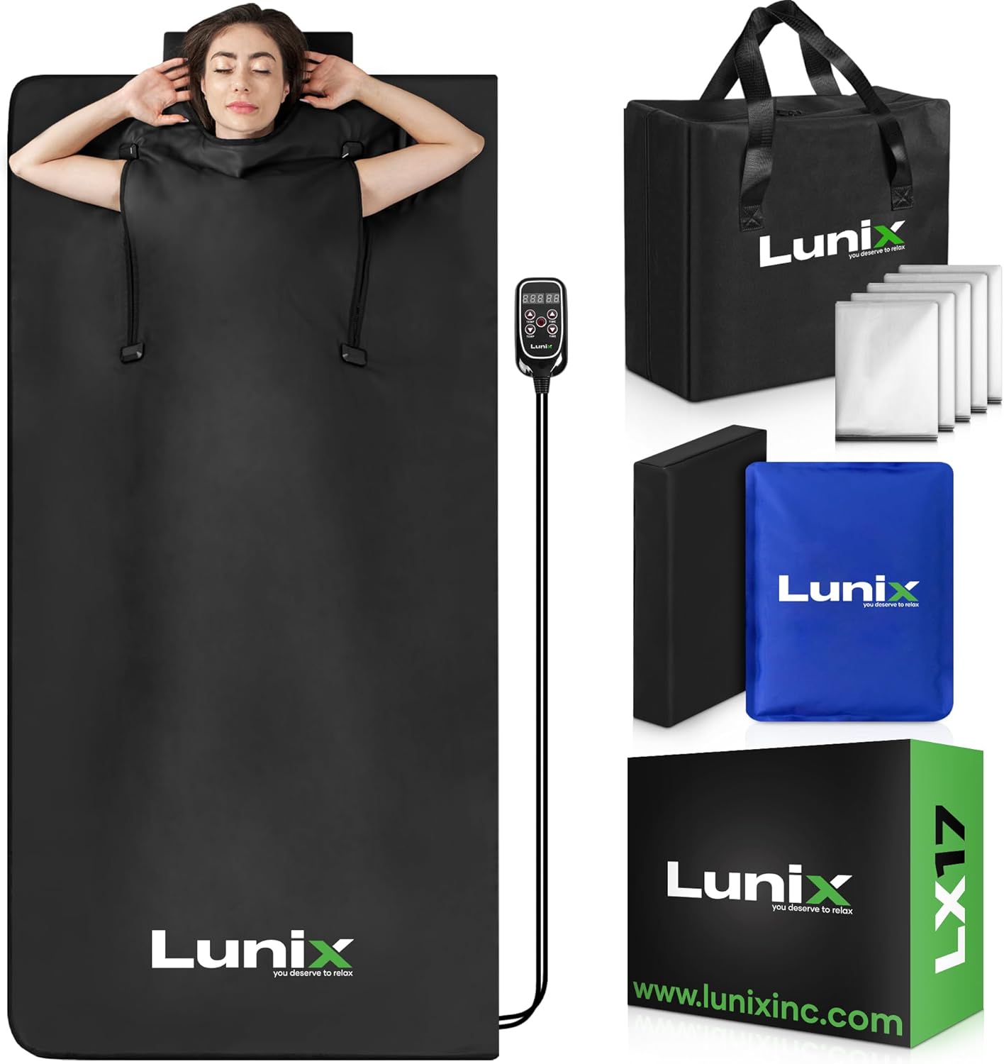 Lunix LX17 Portable Far Infrared Sauna Blanket for Home Relaxation - Temperature Range of 77-176°F - Enjoy an Infrared Sauna Anywhere, with Head Pillow, Detox Wrap & Hot Cold Gel Pack