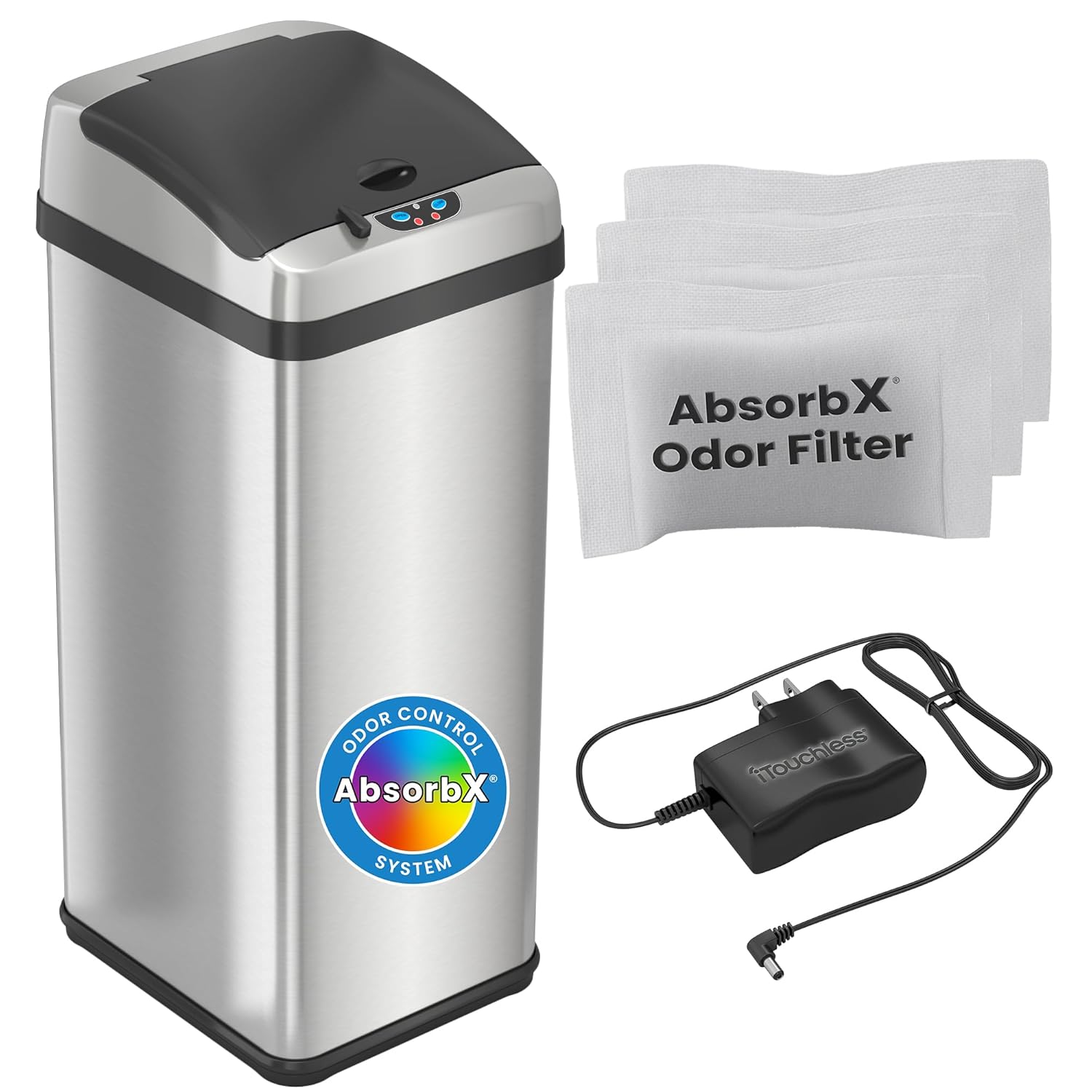 iTouchless Touchless Trash Can with AC Adapter, 3 Odor Filters Big Lid Opening Sensor Kitchen Garbage Bin, 13 Gallon, Stainless Steel, Platinum