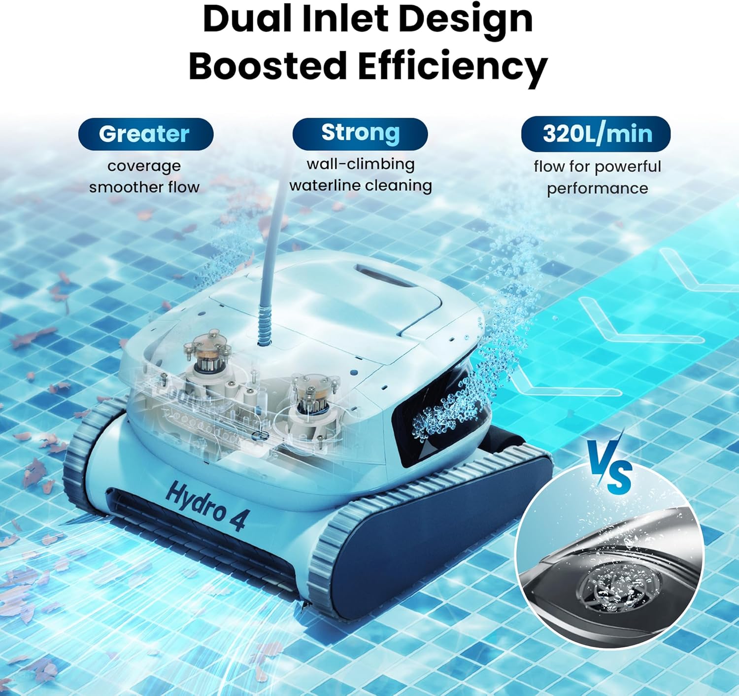 Hydro 4 Pool Vacuum for Inground Pools | Robot Cleaner for Floor, Wall & Waterline Cleaning | Always Cleaning, Never Charging | Smart App Control with WiFi & Bluetooth | 50ft Cord | 4.1L Filter Basket