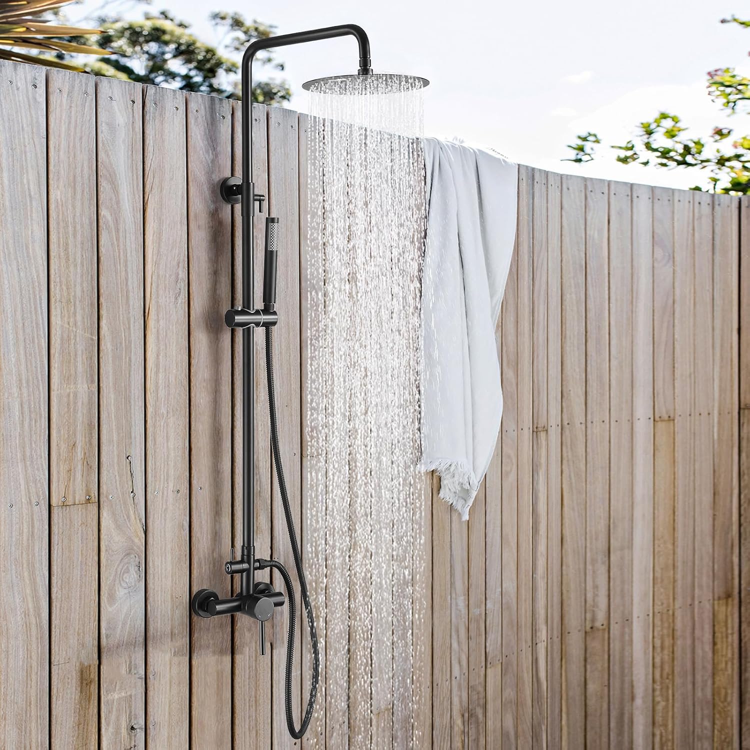 RBROHANT Outdoor Shower, Wall Mount Outdoor Shower Kit, Outside Shower Faucet with Height Adjustable Rain Shower Head and Handheld, Exposed Shower System for Yard, Wall Mounted, Matte Black, JK0145