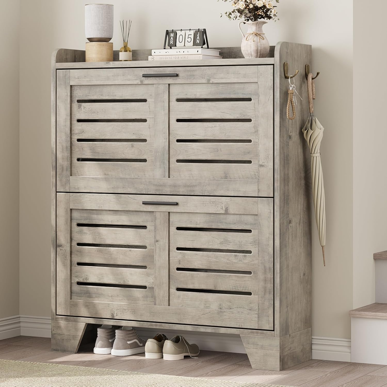 GAOMON Narrow Shoe Cabinet for Entryway, Slim Shoe Cabinet with 2 Flip Drawers, Farmhouse Thin Shoe Organizer Cabinet with Hooks for Entrance, Hallway, Front Door,Rustic Brown