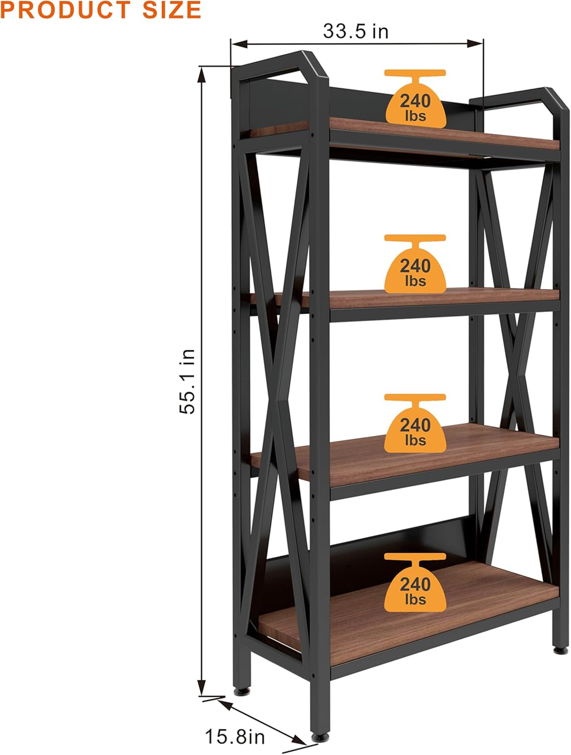 KEIKI 4-Tier Kitchen Bakers Rack with Storage, 55'' Microwave Stand, Bookcase Shelf Adjustable Shelves Freestanding, Bakers Rack for Kitchen, Garage, Pantry, Bathroom