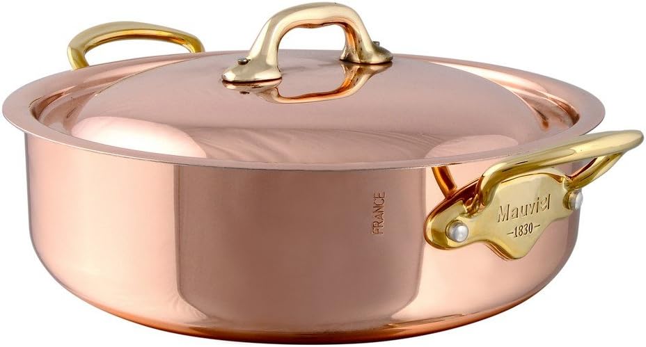 Mauviel M'Heritage 150 B 1.5mm Polished Copper & Stainless Steel Rondeau With Lid & Brass Handles, 3.5-Qt, Made In France
