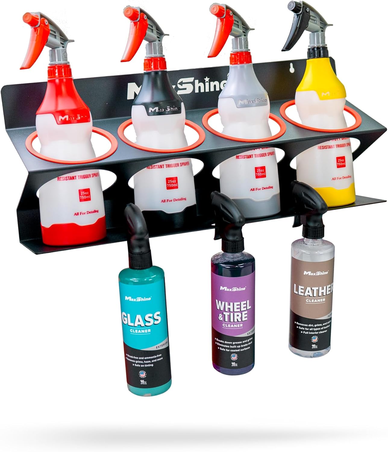 Maxshine Universal 4 Pack Spray Bottle Holder (16oz/34oz) - Holds 7 IK Trigger Sprayers with 3 Small Holes, Sturdy & Lightweight Wall-Mounted Organizer for Detailing Accessories, Easy to Install