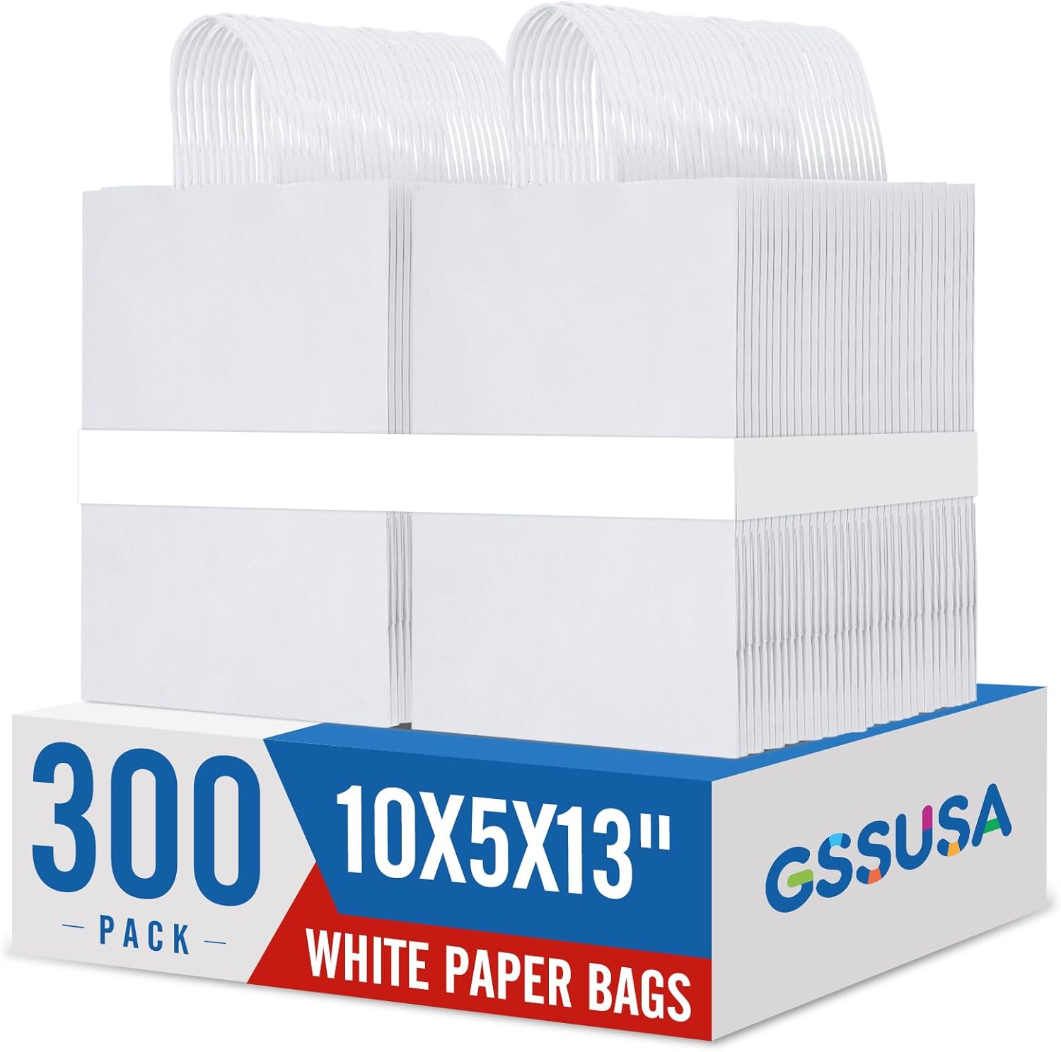 GSSUSA White Kraft Paper Gift Bag with Handles, 10x5x13 Bulk Shopping Grocery Paper Bags 300 Pcs