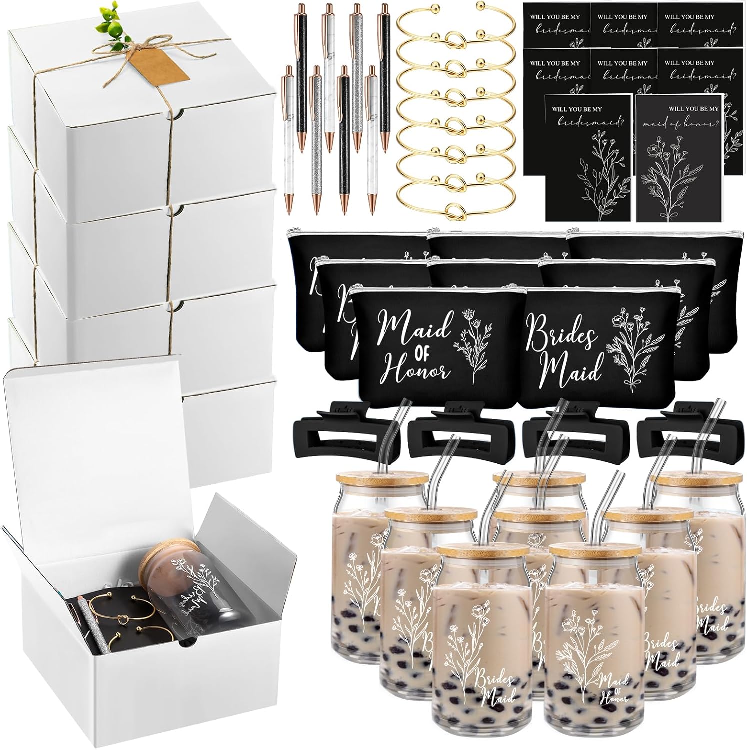 8 Sets/ 80 Pcs Bridesmaid Proposal Gifts Maid of Honor Gifts for Wedding, Include Glass Cup Makeup Bag Glitter Pen Card Bracelet Hair Clip Gift Box Kraft Tags Grass Twine(Green)