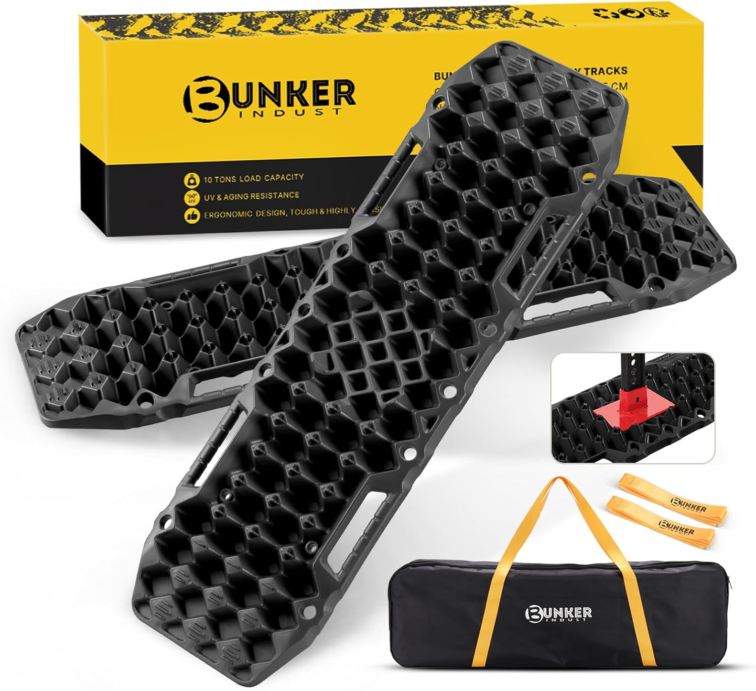 BUNKER INDUST Off-Road Traction Boards with Jack Base,Pair Recovery Track 4X4 Jeep Truck Emergency Tire Traction Mat with Bag -Sand, Mud, Snow Tracks Orange Traction Pad (Gen 7th)