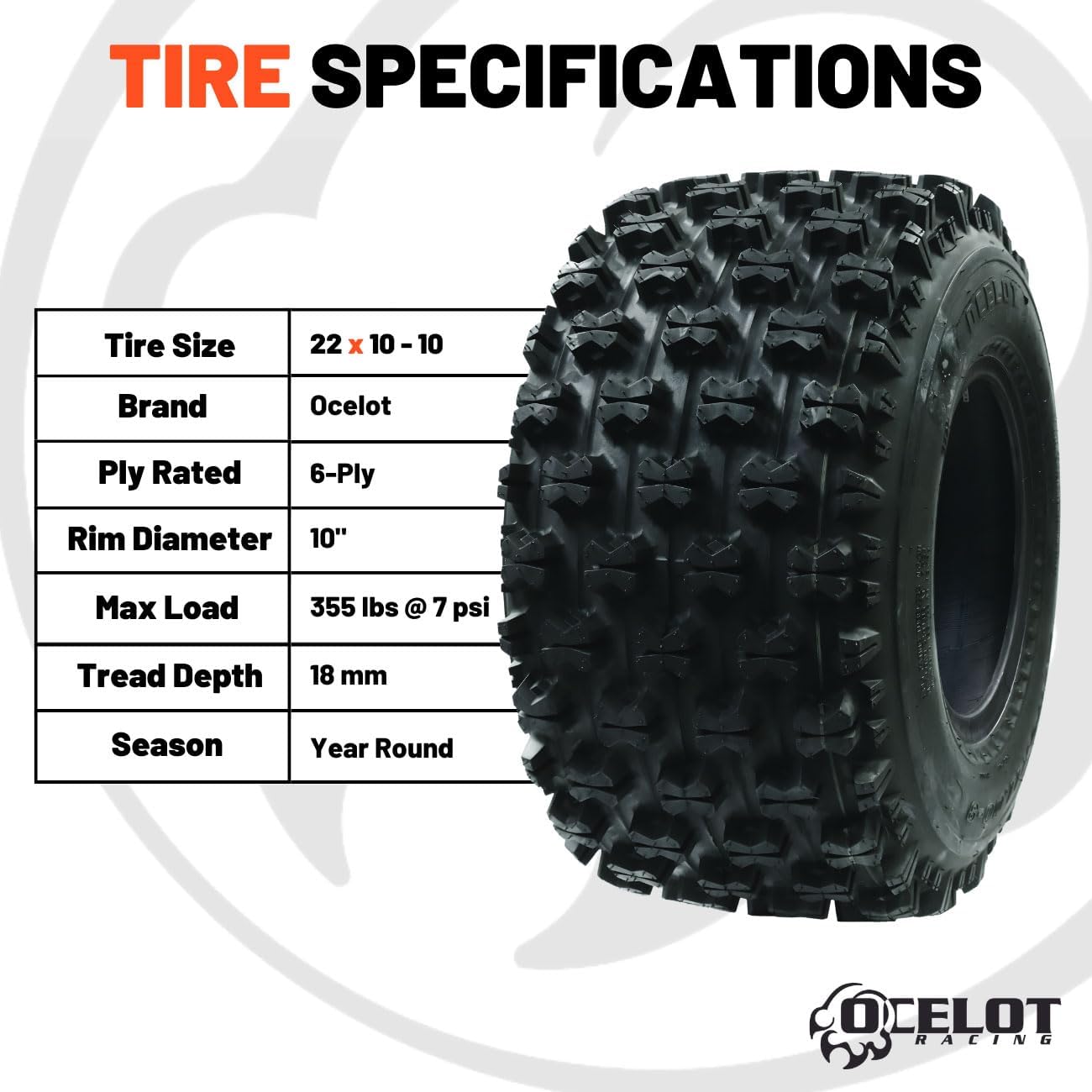 Ocelot P357 ATV Rear Tire 22x10-10 GNCC Holeshot Sport RAZR Style 6-Ply Bias Construction with Non-Directional Tread Pattern For Durability, Grip, and Traction