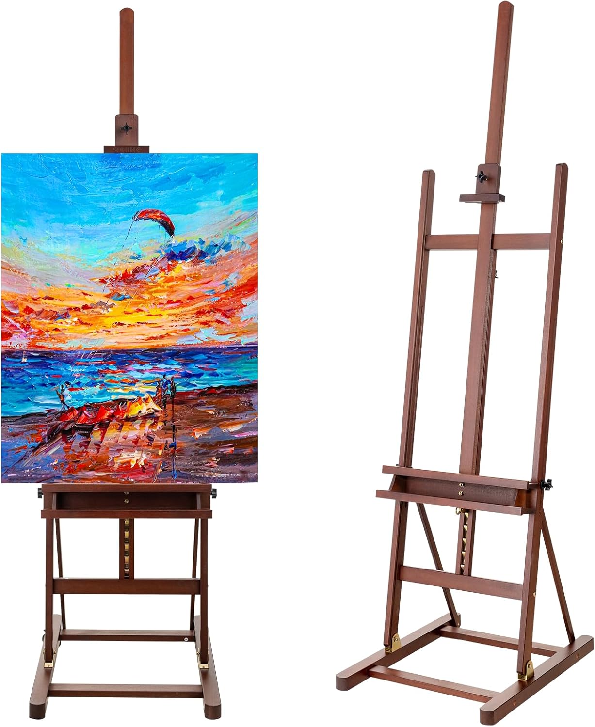 H-Frame Studio Easel, Beechwood Artist Easel Storage Tray, Adjustable Floor Easel Stand Holding Canvas up to 51Inches for Painting, Brown