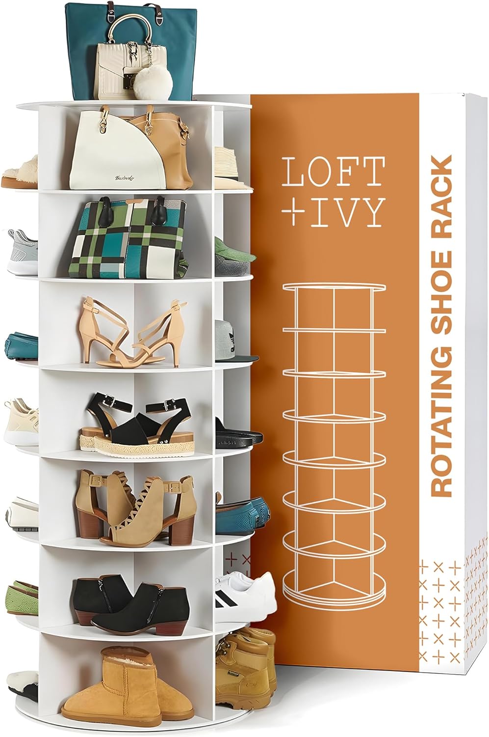 LOFT + IVY 7 Tier Rotating Shoe Rack Tower – 360° Spinning Storage Organizer, Modern Round Shoe Carousel for Closet, Entryway, Bedroom – Space Saving Rotating Lazy Susan Storage Tower
