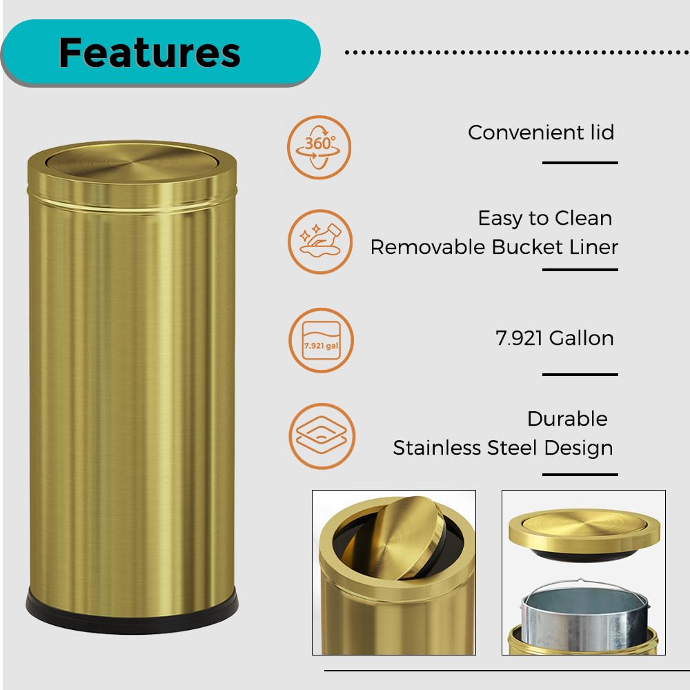 7.92 gallon/30L Kitchen Trash Can with Lid, Tall Slim, Elegant, Gold, Brushed Stainless Steel Garbage Can for Office, Hotel, Kitchen (30Lgold)
