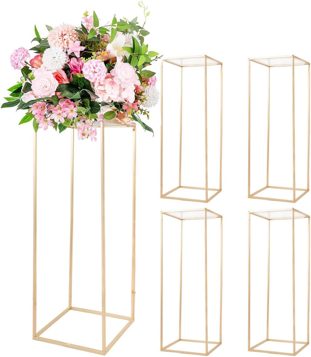 31.5Inch Gold Flower Stand Centerpieces for Wedding,Metal Column Geometric Flower Stand Tall Floor Vase for Table Decorations Event Home Party( 5pcs)