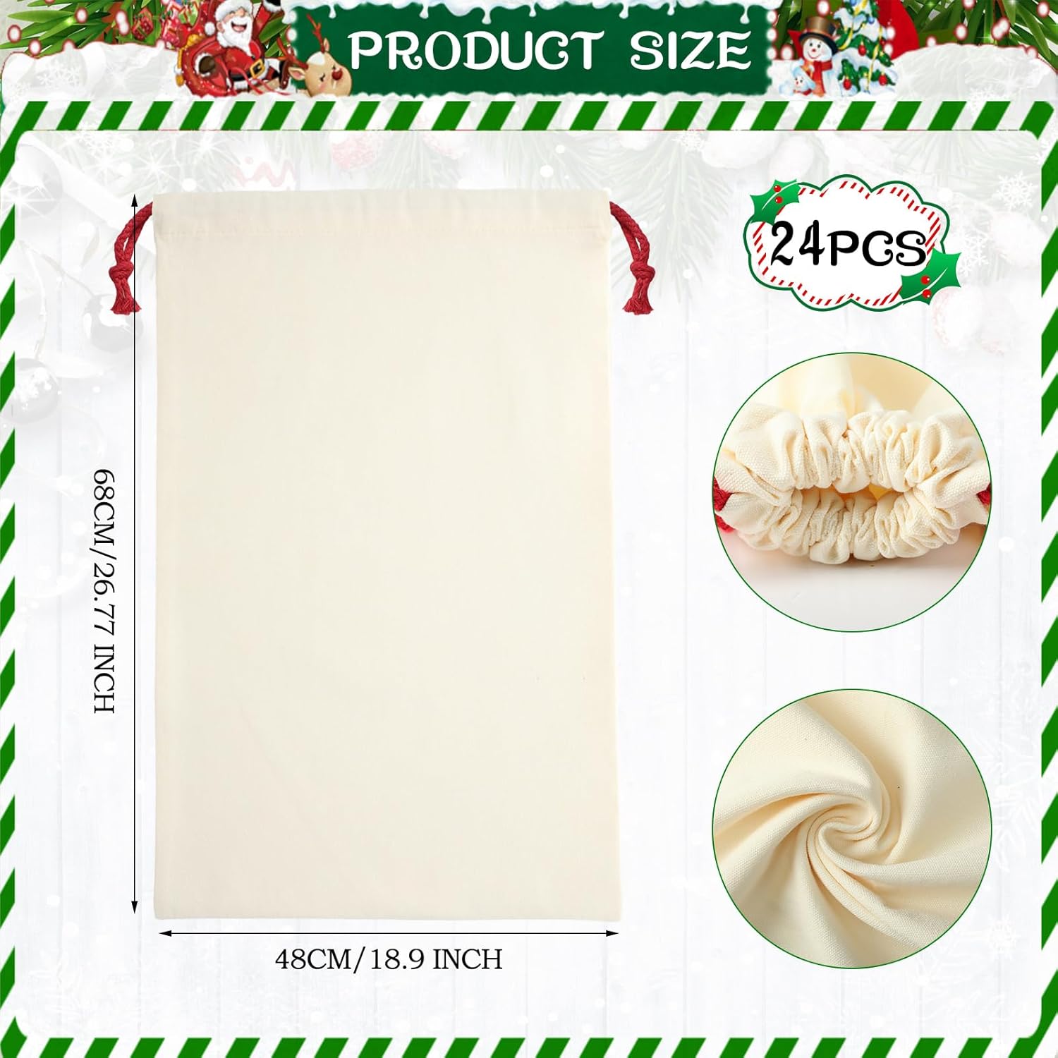 Clysee 24 Pack Sublimation Santa Blank Christmas Sacks, Large Reusable Cotton Canvas Drawstring Bags 26.8 x 18.9 in, Blank Xmas Gift Bags for Holiday DIY, Christmas Parties, Presents