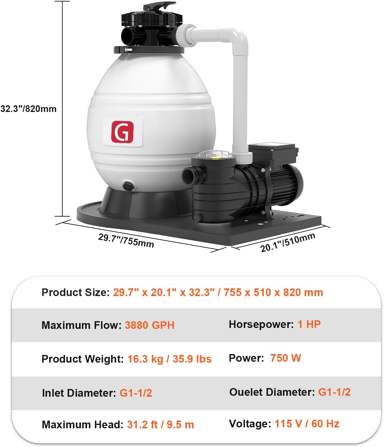 16 Inch Sand Filters with Pool Pump, High-Flow Sand Filter Pump for Above Ground Pool, Pool Sand Filter with 6-Way Valve, Easy Installation (16 Inch- 1 Hp)