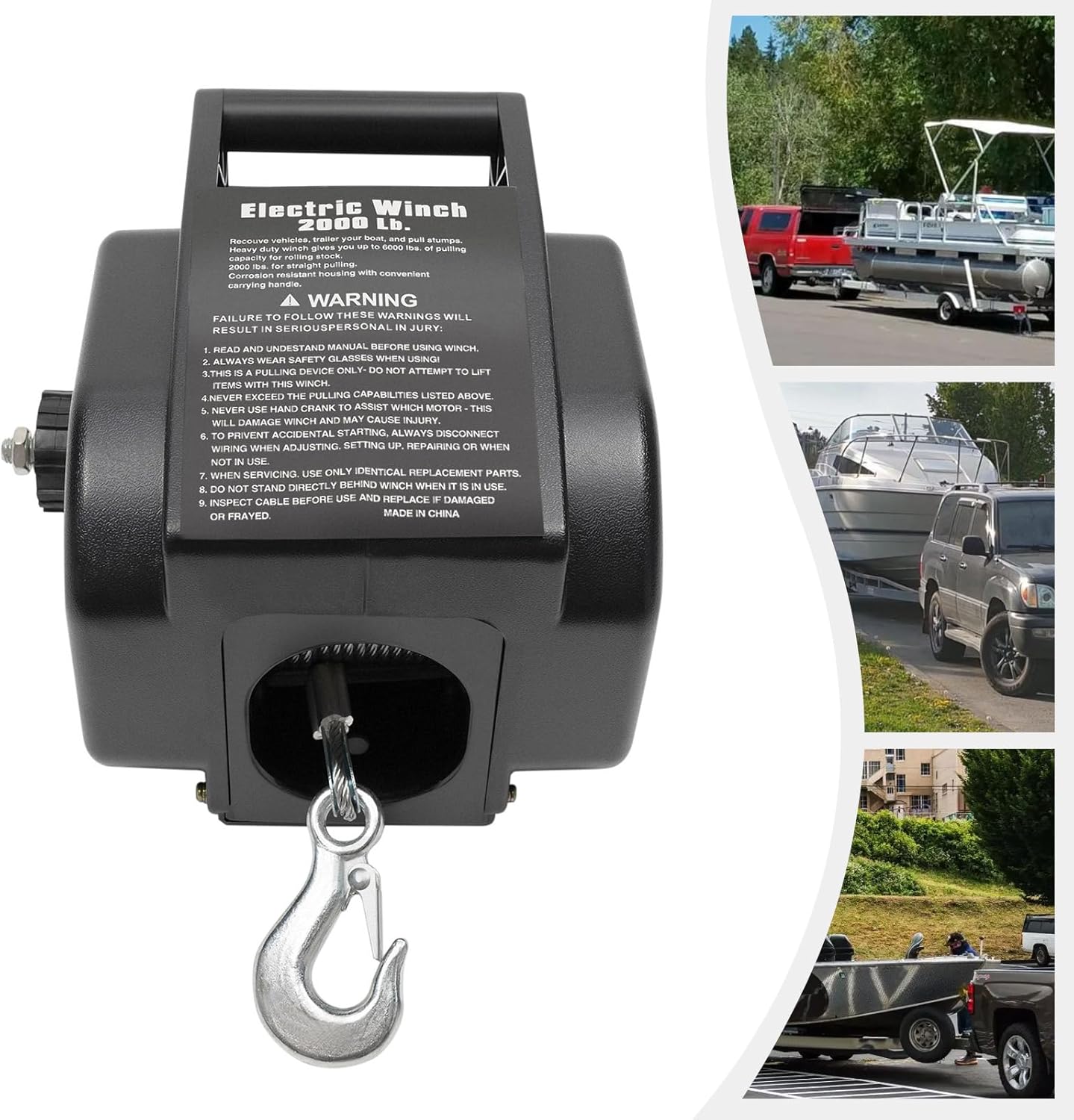 Electric Boat Winch, 12V DC Reversible Electric Trailer Winch for Boats Up to 2000Lbs, Power-in, Power-Out and Freewheel Operations for Boats with Hand Crank