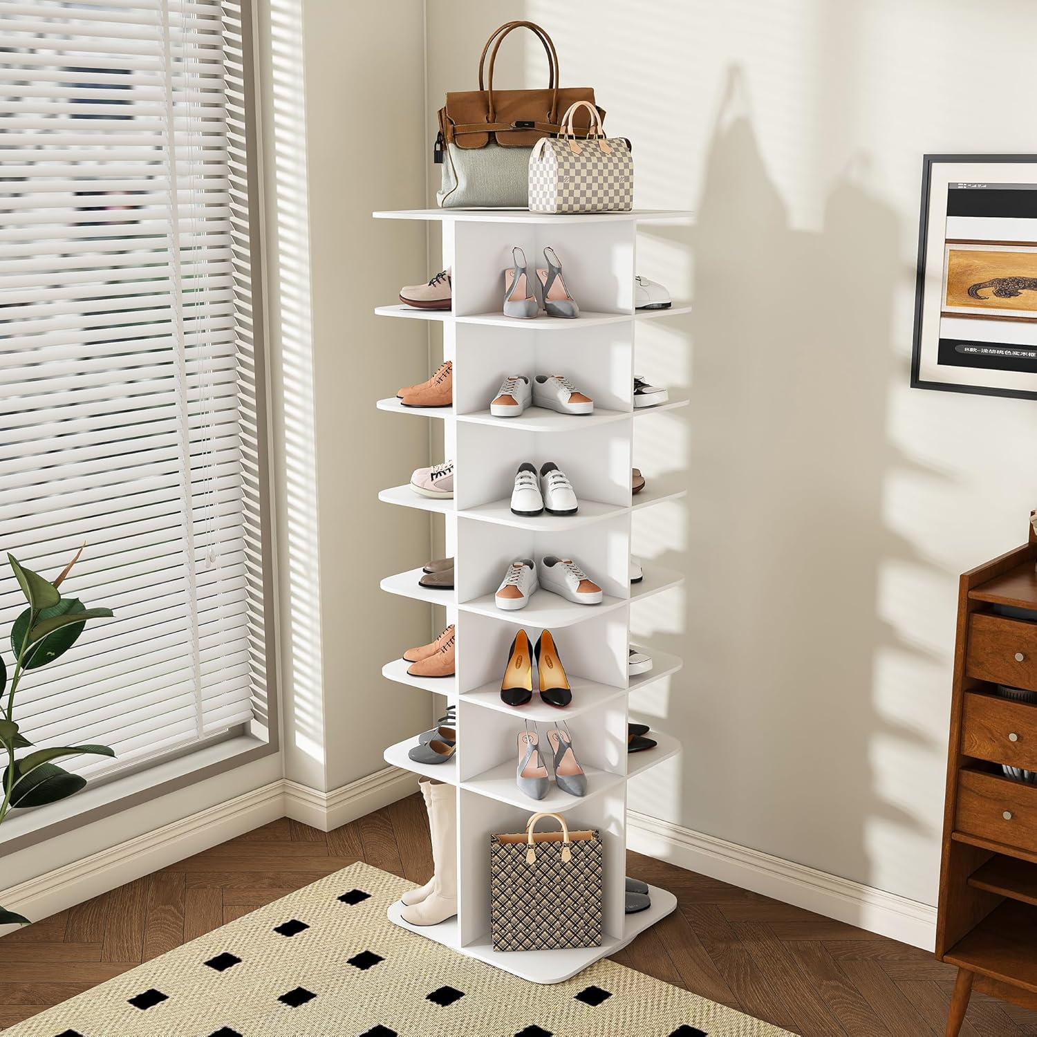KEIKI Rotating Shoe Rack Tower, 7-Tier Square Spinning Shoe Display Stand Lazy Susan, Free Standing 360° Revolving Shoe Rack Storage Carousel, Vertical Handbag Rotate, Fits 28 Pairs of Shoes