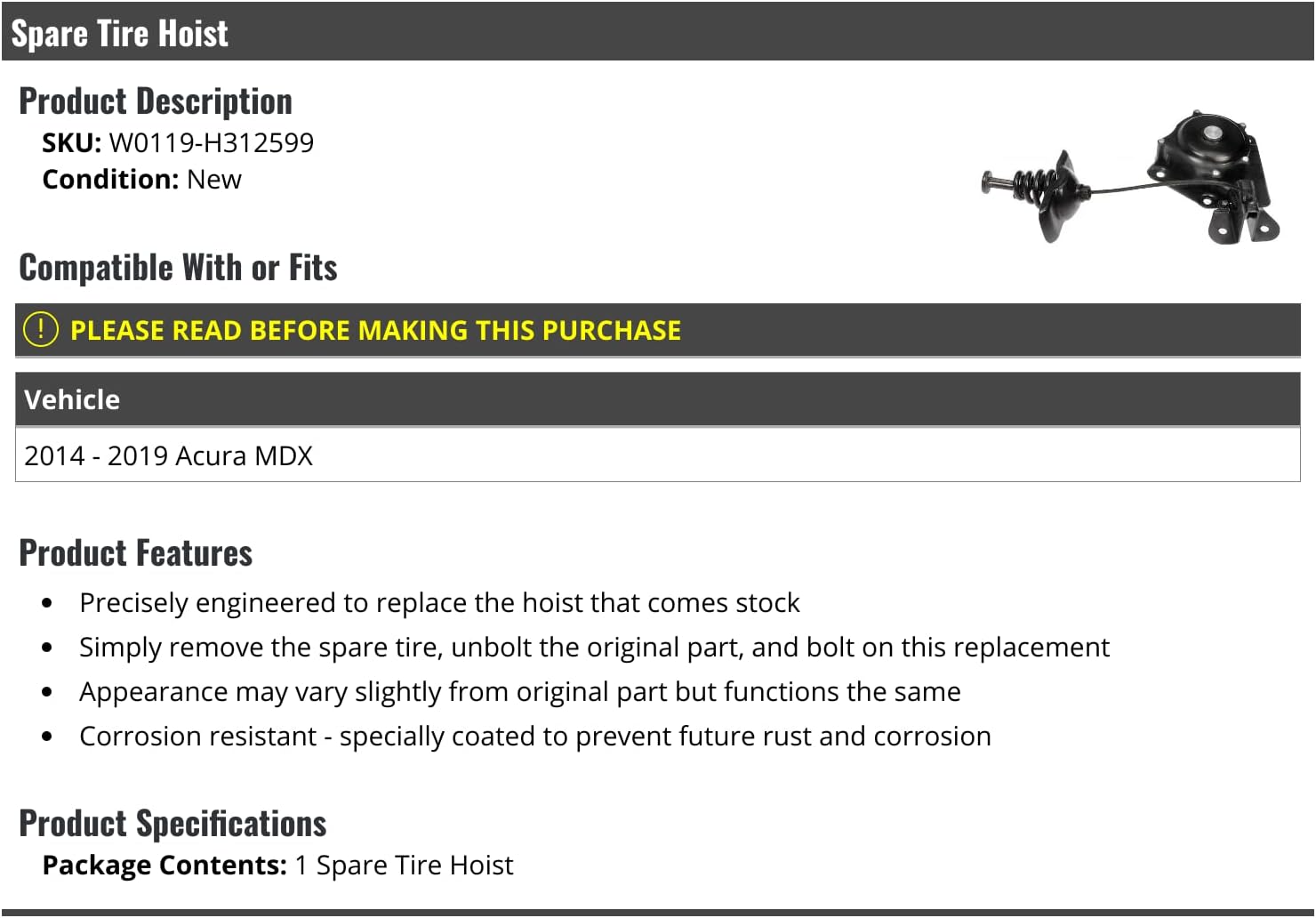 Spare Tire Wheel Hoist Winch - Compatible with 2014-2019 Acura MDX (W0119-H312599)
