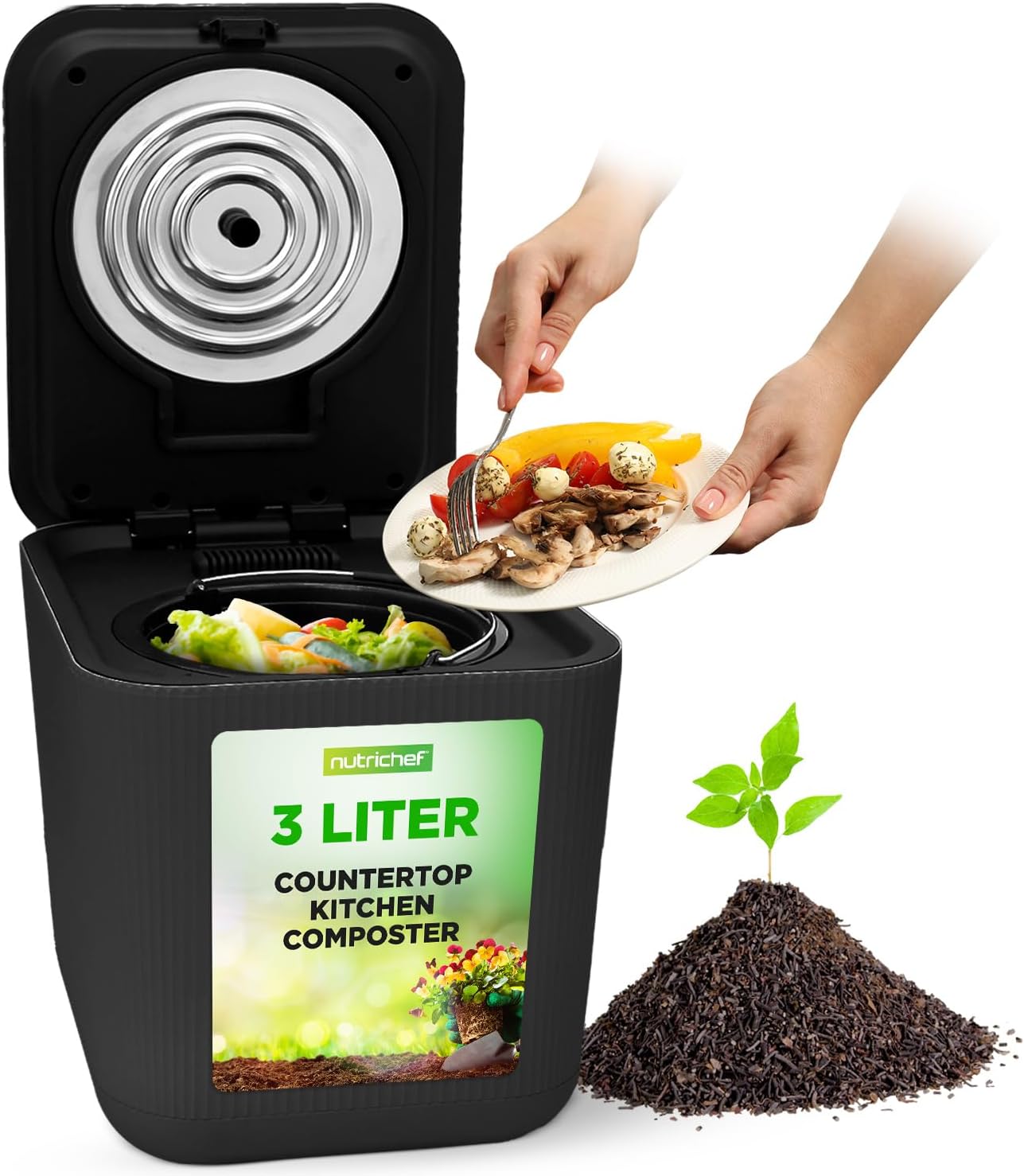 NutriChef Electric Kitchen Composter | 3 Quart Food Recycler | Food Waste Compost Bin for Countertop | 1 Button to Compost, Easy to Clean Composter Bucket | Low Noise, Odorless & Auto Clean | White