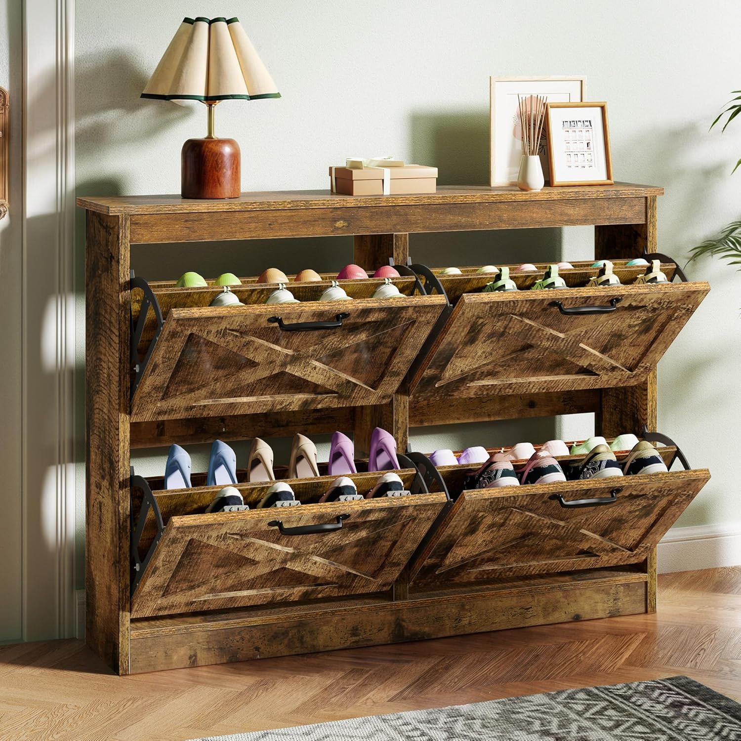 YITAHOME Shoe Cabinet with 4 Flip Drawers, Freestanding Shoe Rack, Shoe Organizer, for Entry Way Hallway Living Room, Dark Rustic Brown