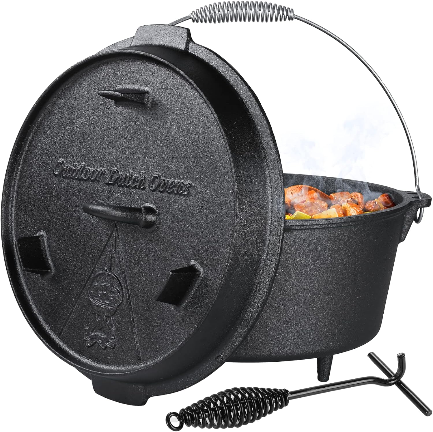 LIFERUN Dutch Oven Pot with Lid, 13.2 Quart Cast Iron Dutch oven, with Lid Lifter Handle & Stand and Dual Function Griddle for Home Cooking BBQ Baking, black