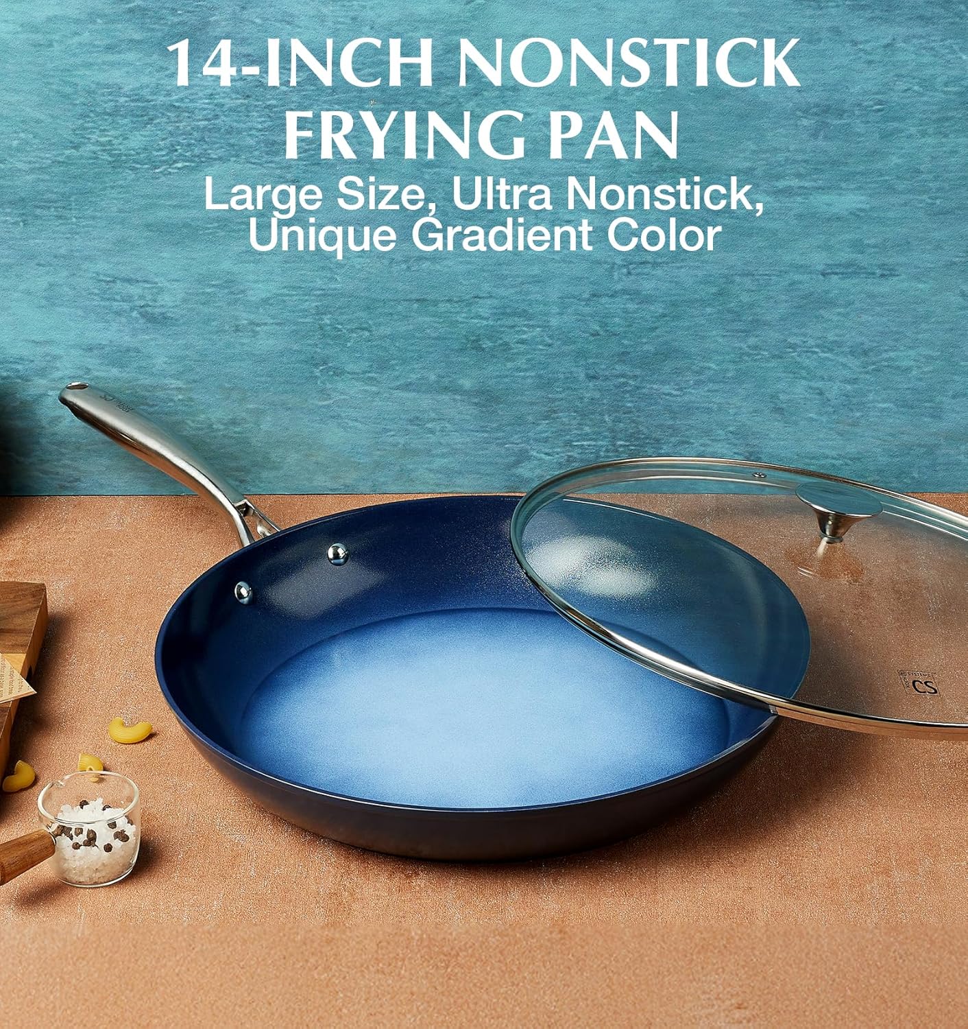 KOCH SYSTEME CS 14 Inch Large Frying Pan with Lid, Nonstick Skillet with Ceramic Interior, Large Fry Pan for Family & Commercial Cooking, Frying Pan Nonstick, Oven Safe & Induction Compatible, Blue