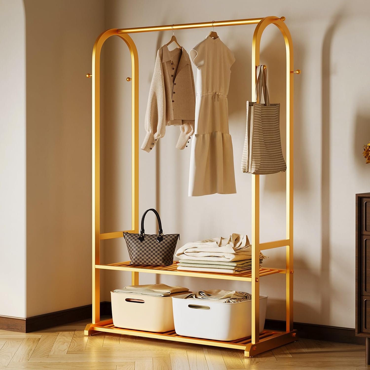 Sturdy heavy duty clothes rack,Gold clothing rack with bottom shelves and 6 side hooks,Metal garment rack for hanging clothes