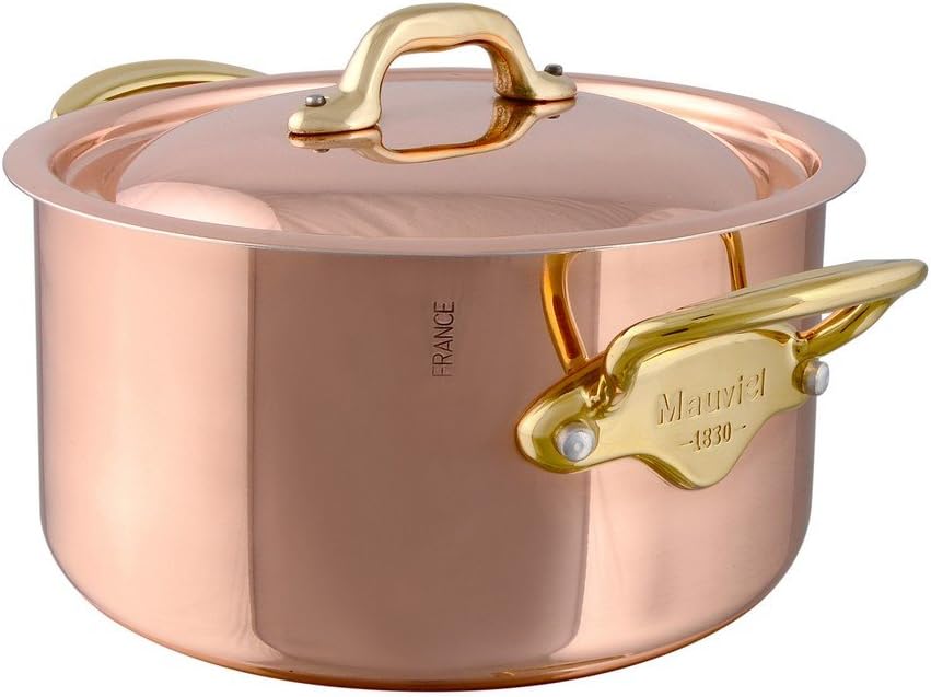 Mauviel M'Heritage 150 B 1.5mm Polished Copper & Stainless Steel Stewpan With Lid & Brass Handles, 3.5-Qt, Made In France