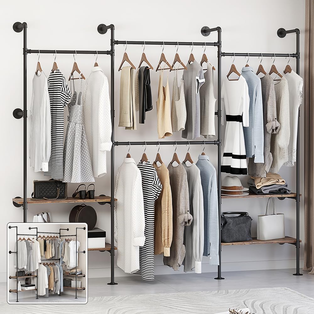 Industrial Pipe Clothes Rack,Wall Mounted Closet Wardrobe Rack, Corner L Shaped Walk-in Closet System, 2 Installation Methods (Black, 80