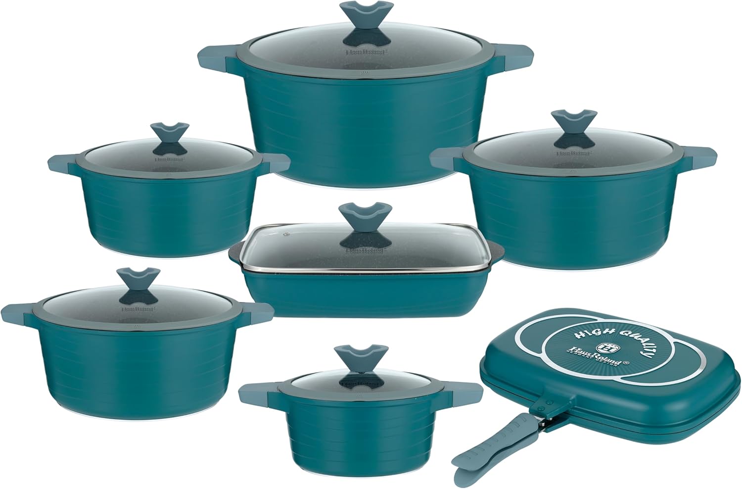 HOMEHUT Trends 14-Piece Cookware Set – Die-Cast Aluminum Pots and Pans with Non-Stick Marble Coating, Induction Compatible Cookware, Tempered Glass Lids – Durable Kitchen Essentials, Red