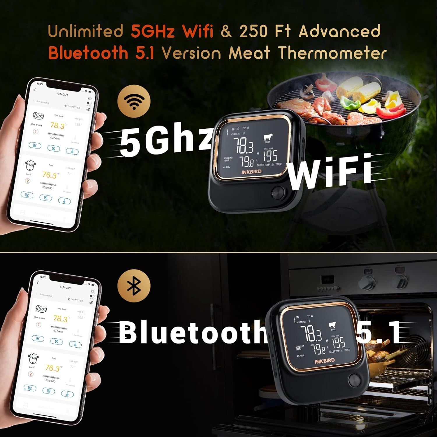 INKBIRD 5GHz/2.4GHz WiFi & Bluetooth 5.1 Meat Thermometer, 6 Probes WiFi Meat Thermometer for Smoking Grilling Wireless Meat Probe for BBQ Oven