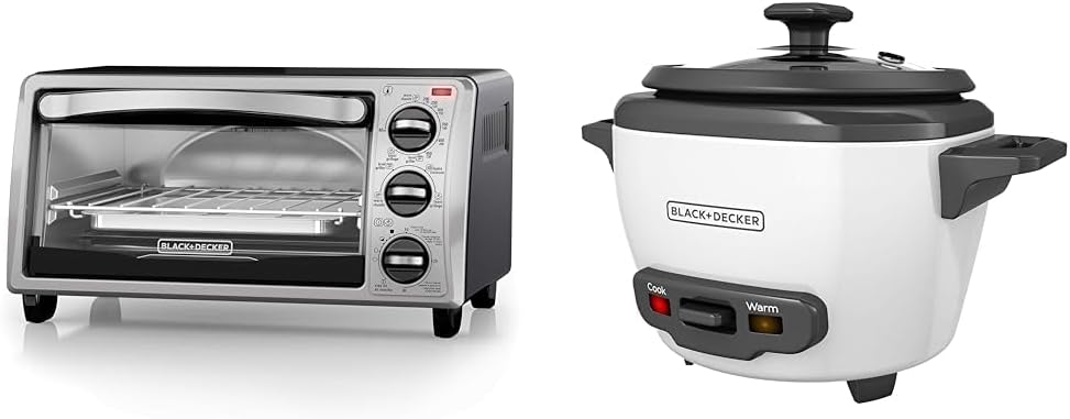 BLACK+DECKER 4-Slice Toaster Oven, TO1313SBD, Even Toast, 4 Cooking Functions Bake, Broil, Toast & 3-Cup Rice Cooker, RC503, 1.5-cup Uncooked Rice, Steaming Basket