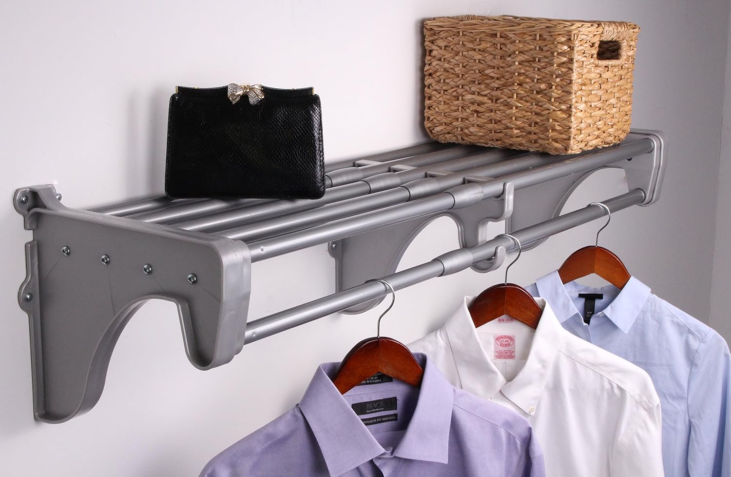 EZ Shelf - White Expandable 65.3” to 120” Closet Rod and Shelf - 200 lbs. Capacity – Quick - Install Closet Shelves for Closets, Laundry Rooms, and Offices – Mounts to Back Wall with 2 End Brackets