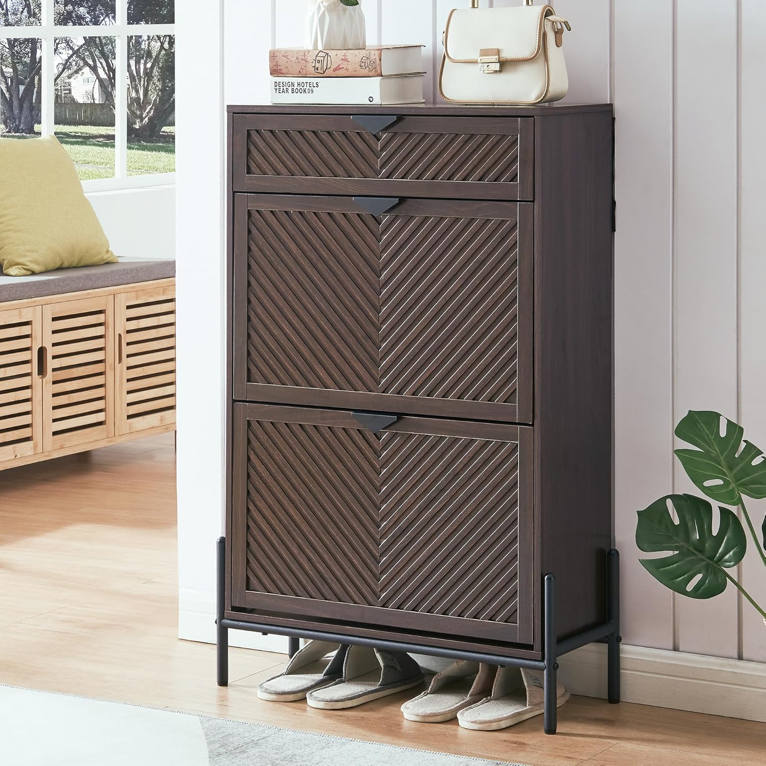 VIPLUMI Shoe Cabinet Storage with 2 Flip Drawers, Narrow Hidden Shoes Organizer Cabinet for Entryway, Freestanding Slim Shoe Rack Front Door Entrance(Brown)