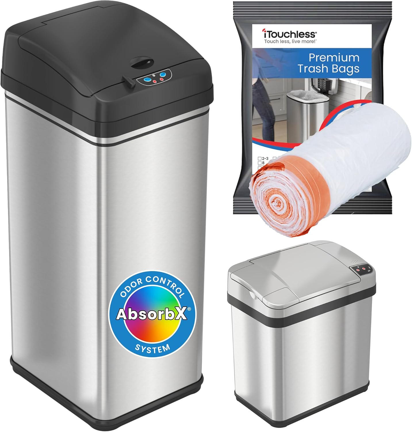 iTouchless 13 Gallon and 2.5 Gallon Automatic Touchless Sensor Kitchen Cans with Odor Control System, Stainless Steel, Includes 10 Premium Bags, CDZT02BG10