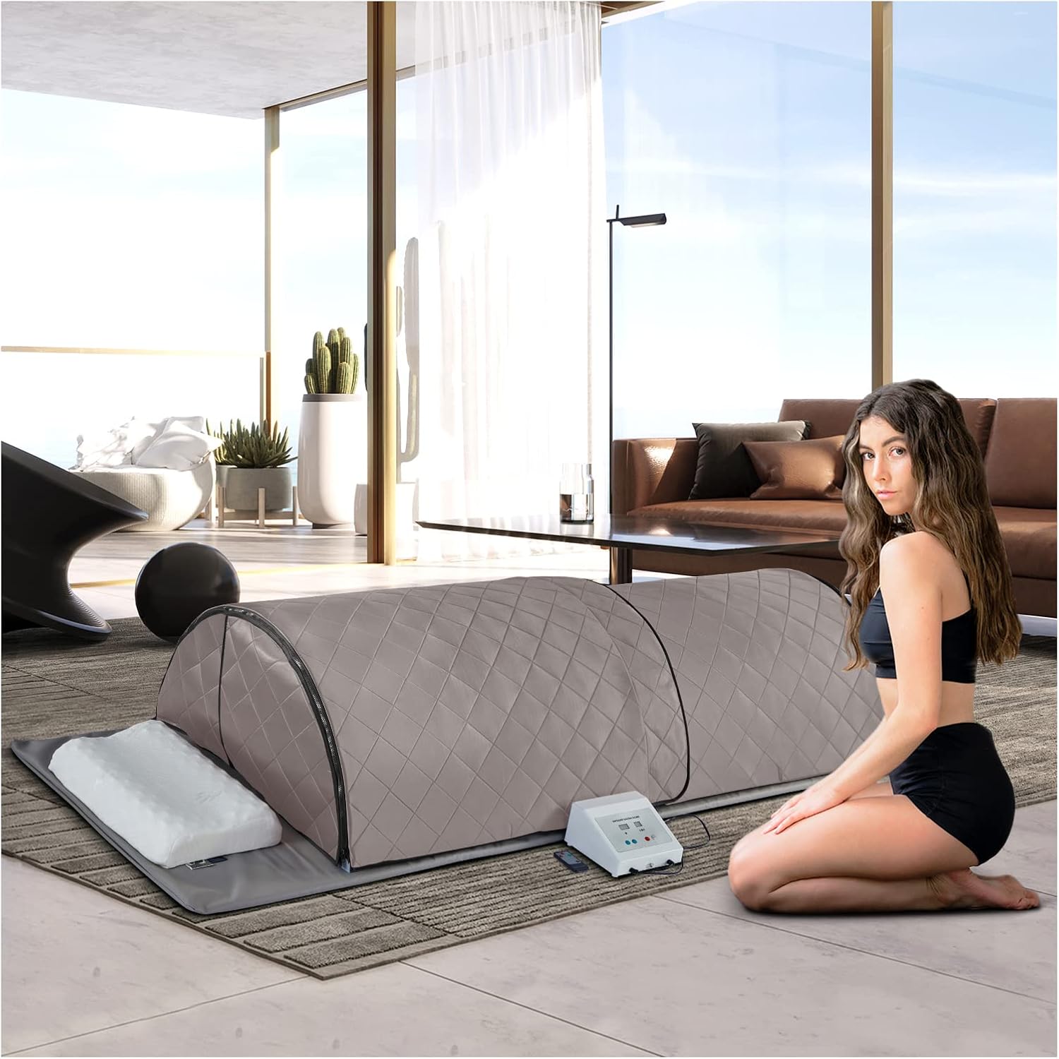 ZONEMEL Personal Infrared Sauna Dome for Home Spa, Two - Stage 360 Degree Complete Coverage Lying Down Portable Sauna Capsule with Pillows and Mat, Dry Heat