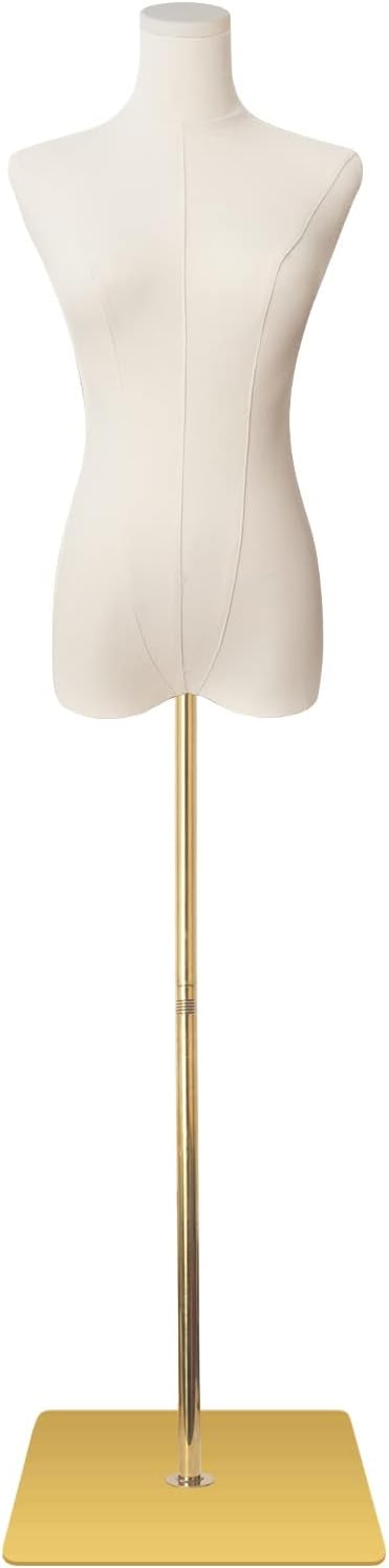 SHAREWIN Female Mannequin Torso Women Dress Forms for Sewing Manicanequin Body High Stability Gold Metal Stand for Clothing Dress Jewelry Display Adjustable Height 50”-70” Thin Body