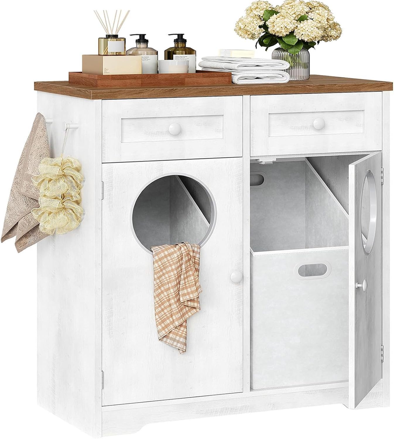 HOOBRO Double Laundry Hamper Cabinet, Hidden Laundry Cabinet with 2 Drawers & 2 Baskets, 20 Gallon Farmhouse Bathroom Laundry Hamper with 2 Clothes-Toss Holes, White and Dark Walnut WHZ36XY01