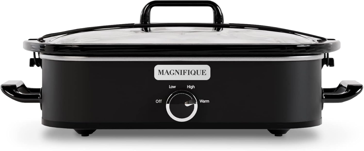 MAGNIFIQUE Small 4 Quart Casserole Programmable Slow Cooker with Ceramic Baking Dish - Perfect Kitchen Small Appliance for Family Dinners, Oven Safe and Durable Bakeware for Lasagna, Roasts
