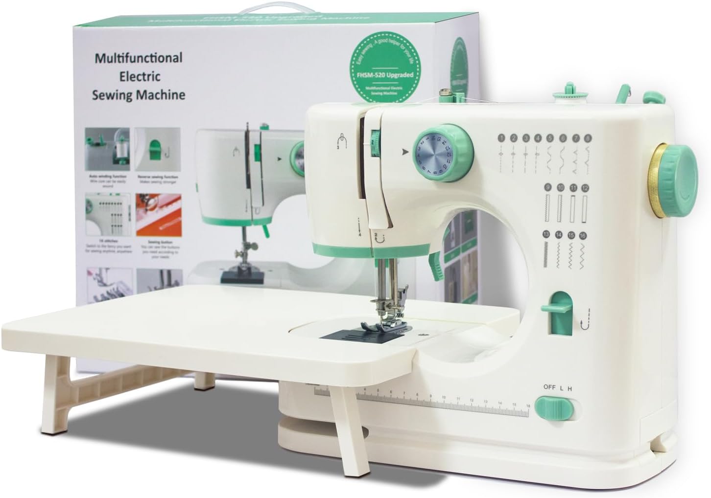 Portable Sewing Machine for Beginners, 16 Built-in Stitches and Reverse Sewing, adjustable sewing speed, small sewing machine with two needle types, foot pedal(with Extension Table)