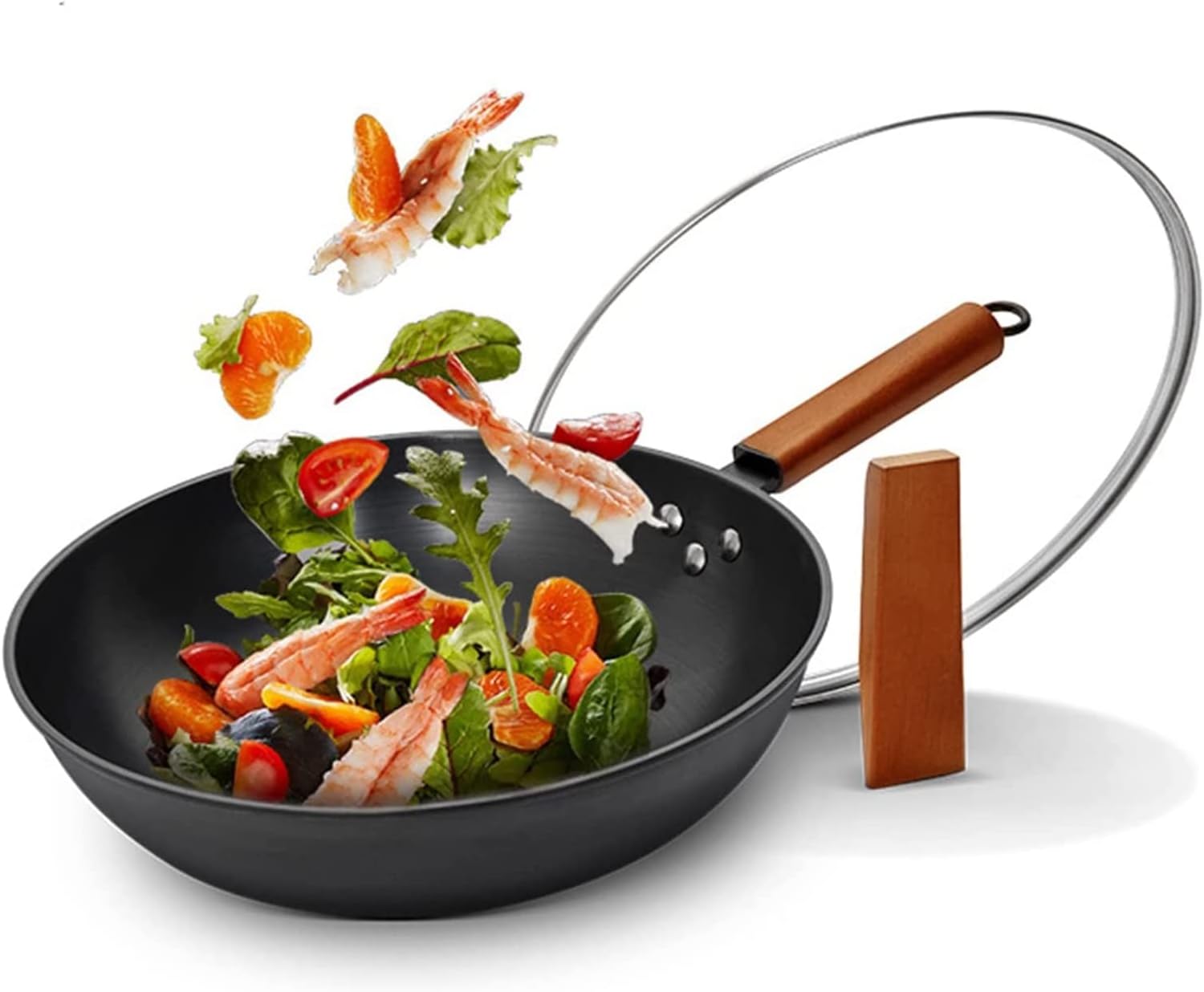 Wok Pan Chinese Wok with Stand-able Lid & Wooden Handle Stir Fry Pan for Cooking Pan-Frying, Braising and Deep-Frying Vision Octopus feet