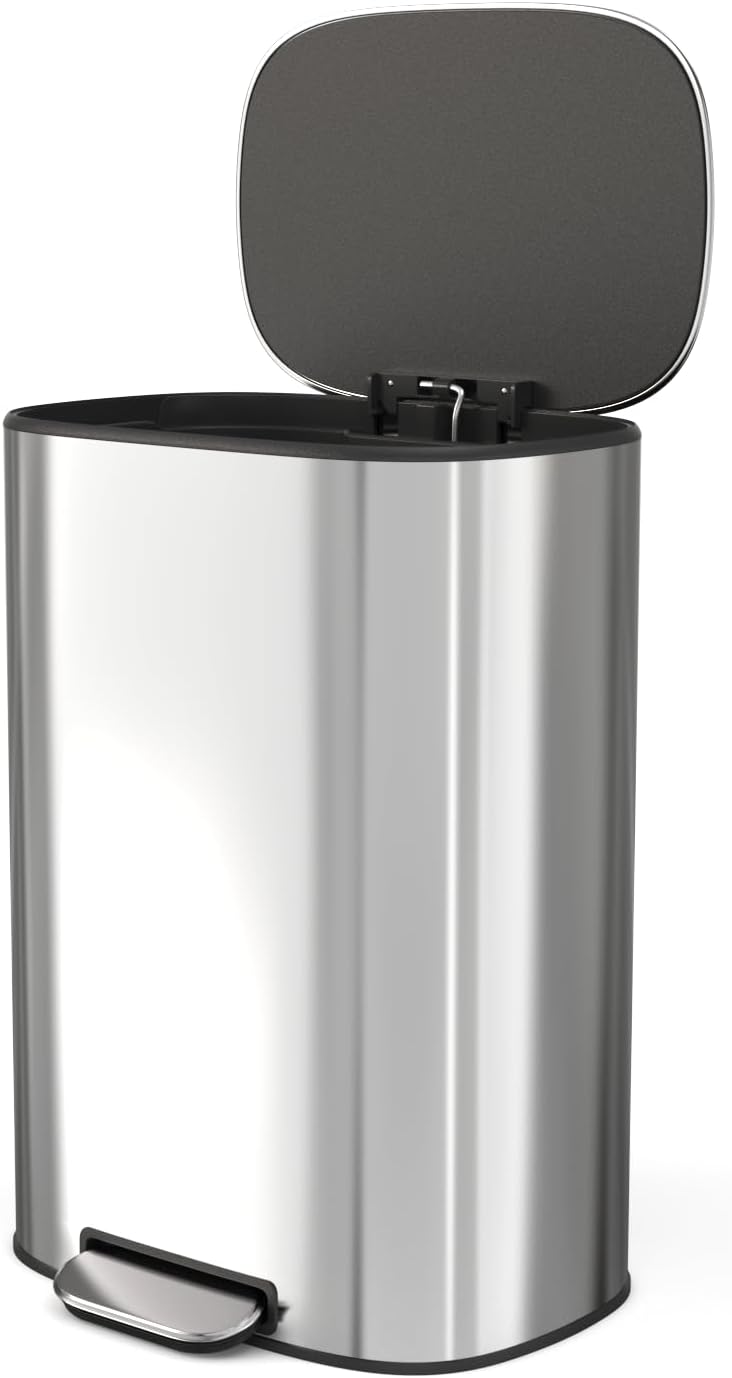 Dolonm 13 Gallon Stainless Steel Foot Pedal Large Trash Can with Soft Close Quiet Lid, Oval Shape, 12.2