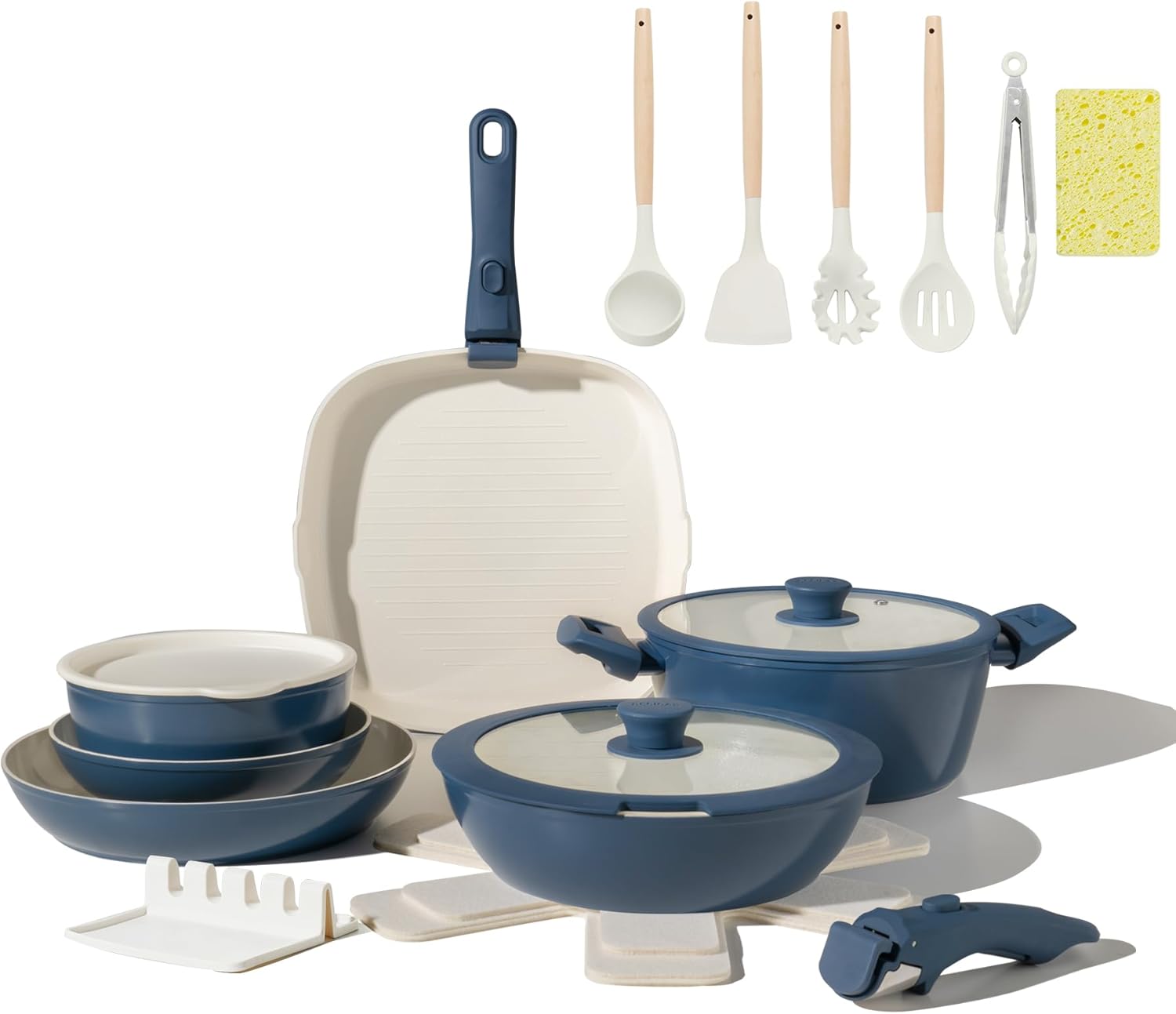 23pcs Ceramic Pots and Pans Set, Nonstick Detachable Handle Cookware, Induction Kitchen Cooking Set with Removable Handle,include Frying Pans & Saucepans Oven Safe(Blue)